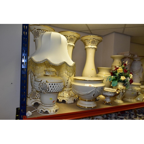 420 - A QUANTITY OF MODERN ITALIAN CREAM AND GILT POTTERY JARDINIERE STANDS, JARDINIERES, etc, top include... 