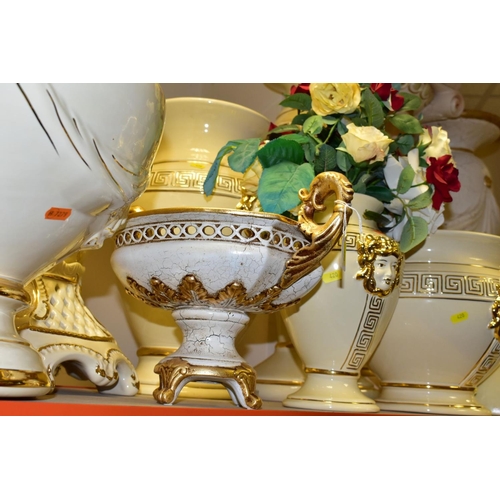 420 - A QUANTITY OF MODERN ITALIAN CREAM AND GILT POTTERY JARDINIERE STANDS, JARDINIERES, etc, top include... 