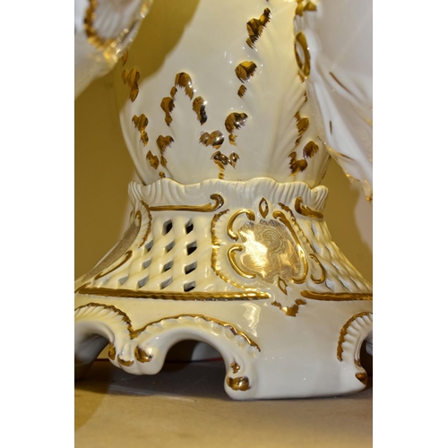 420 - A QUANTITY OF MODERN ITALIAN CREAM AND GILT POTTERY JARDINIERE STANDS, JARDINIERES, etc, top include... 