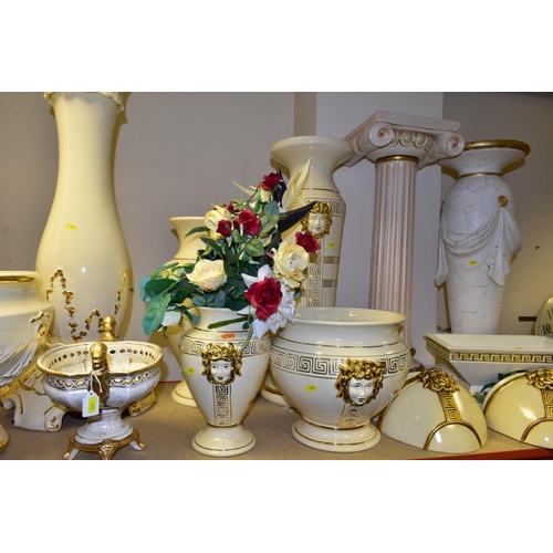 420 - A QUANTITY OF MODERN ITALIAN CREAM AND GILT POTTERY JARDINIERE STANDS, JARDINIERES, etc, top include... 