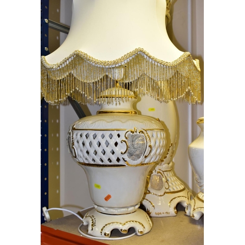 420 - A QUANTITY OF MODERN ITALIAN CREAM AND GILT POTTERY JARDINIERE STANDS, JARDINIERES, etc, top include... 