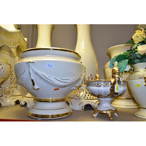 420 - A QUANTITY OF MODERN ITALIAN CREAM AND GILT POTTERY JARDINIERE STANDS, JARDINIERES, etc, top include... 