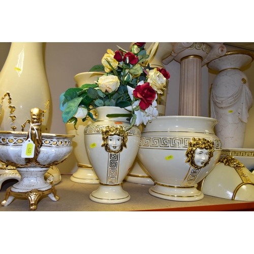 420 - A QUANTITY OF MODERN ITALIAN CREAM AND GILT POTTERY JARDINIERE STANDS, JARDINIERES, etc, top include... 