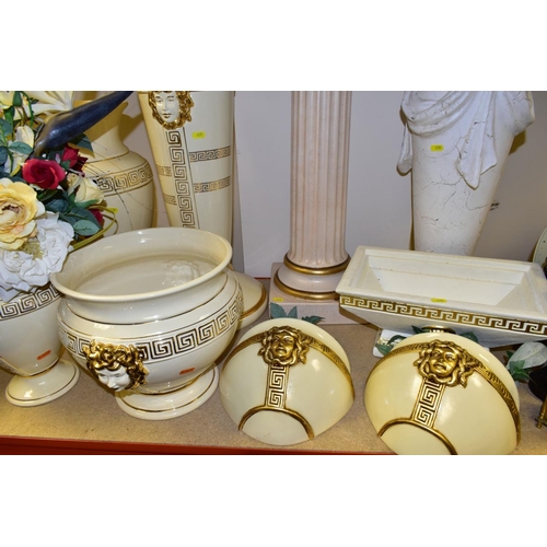 420 - A QUANTITY OF MODERN ITALIAN CREAM AND GILT POTTERY JARDINIERE STANDS, JARDINIERES, etc, top include... 