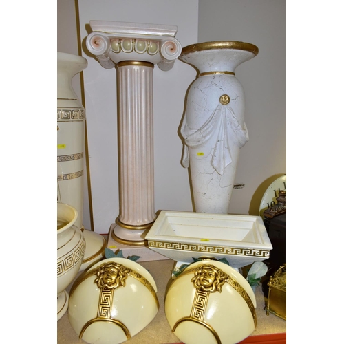 420 - A QUANTITY OF MODERN ITALIAN CREAM AND GILT POTTERY JARDINIERE STANDS, JARDINIERES, etc, top include... 