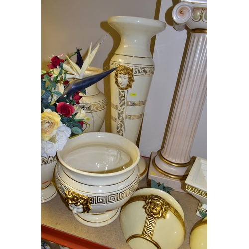 420 - A QUANTITY OF MODERN ITALIAN CREAM AND GILT POTTERY JARDINIERE STANDS, JARDINIERES, etc, top include... 