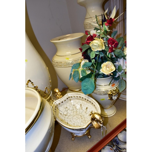 420 - A QUANTITY OF MODERN ITALIAN CREAM AND GILT POTTERY JARDINIERE STANDS, JARDINIERES, etc, top include... 