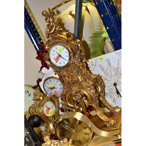 421 - ELEVEN VARIOUS CLOCKS, all with quartz movements, including two wall clocks, a Churchill mantel cloc... 