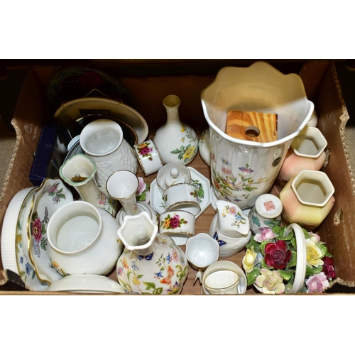 425 - TWO BOXES OF CERAMICS, ETC, including Aynsley Cottage Garden vases, owl trinket box, Wedgwood Tamari... 