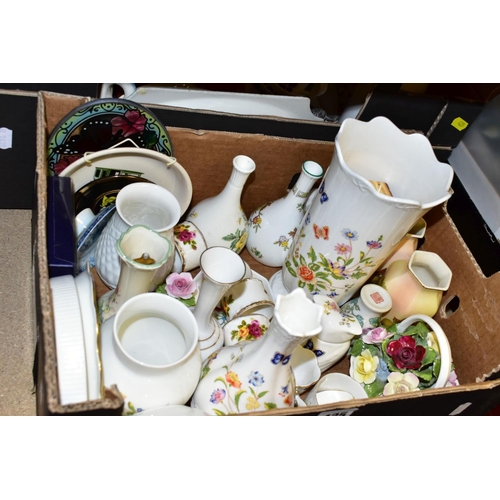 425 - TWO BOXES OF CERAMICS, ETC, including Aynsley Cottage Garden vases, owl trinket box, Wedgwood Tamari... 