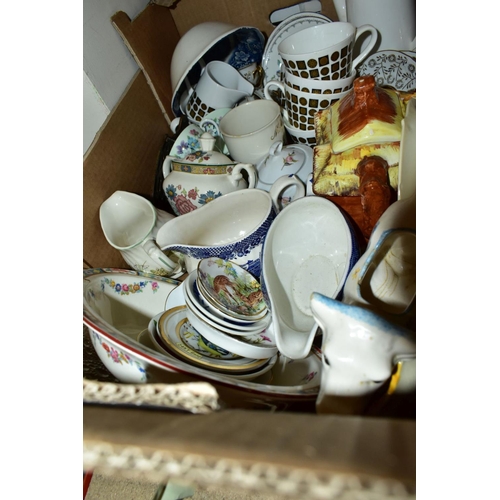 425 - TWO BOXES OF CERAMICS, ETC, including Aynsley Cottage Garden vases, owl trinket box, Wedgwood Tamari... 