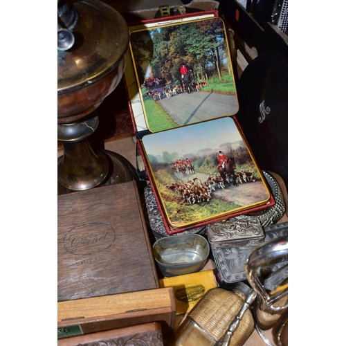 427 - A BOX OF METALWARES AND TREEN, including cigarette and cigar boxes, a turned wooden bowl, an EPBM ju... 