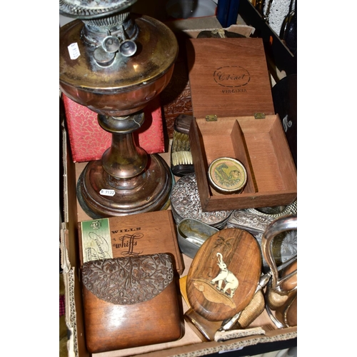 427 - A BOX OF METALWARES AND TREEN, including cigarette and cigar boxes, a turned wooden bowl, an EPBM ju... 