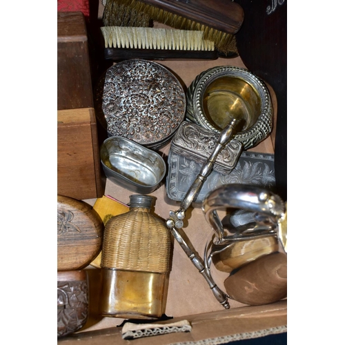 427 - A BOX OF METALWARES AND TREEN, including cigarette and cigar boxes, a turned wooden bowl, an EPBM ju... 