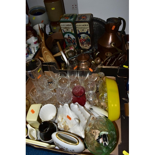 428 - SEVEN BOXES AND LOOSE CERAMCS, PICTURES, GLASSWARE, METALWARE, ETC, including a Ben Thomas jug and f... 