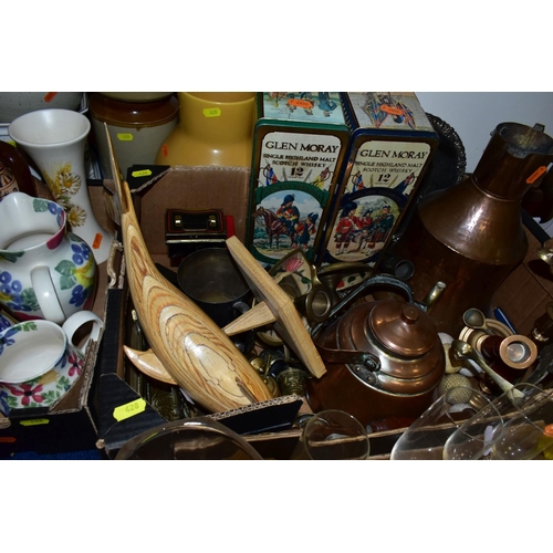 428 - SEVEN BOXES AND LOOSE CERAMCS, PICTURES, GLASSWARE, METALWARE, ETC, including a Ben Thomas jug and f... 