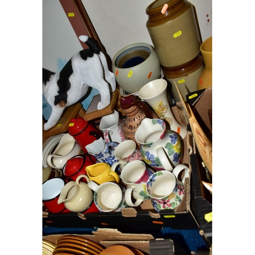 428 - SEVEN BOXES AND LOOSE CERAMCS, PICTURES, GLASSWARE, METALWARE, ETC, including a Ben Thomas jug and f... 