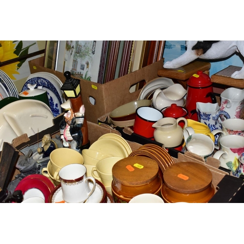 428 - SEVEN BOXES AND LOOSE CERAMCS, PICTURES, GLASSWARE, METALWARE, ETC, including a Ben Thomas jug and f... 