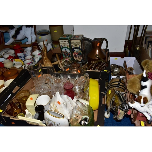 428 - SEVEN BOXES AND LOOSE CERAMCS, PICTURES, GLASSWARE, METALWARE, ETC, including a Ben Thomas jug and f... 