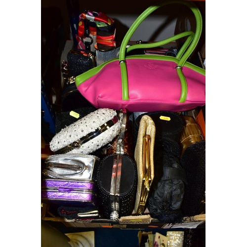 436 - TWO BOXES OF EVENING BAGS/PURSES AND HANDBAGS, some purchased from Newlife, includes sequined, beade... 