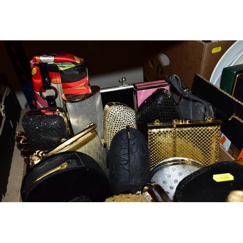 436 - TWO BOXES OF EVENING BAGS/PURSES AND HANDBAGS, some purchased from Newlife, includes sequined, beade... 