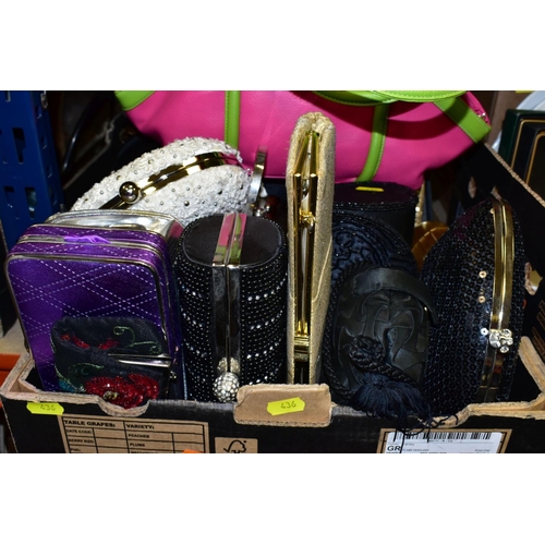 436 - TWO BOXES OF EVENING BAGS/PURSES AND HANDBAGS, some purchased from Newlife, includes sequined, beade... 