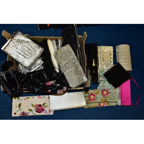 436 - TWO BOXES OF EVENING BAGS/PURSES AND HANDBAGS, some purchased from Newlife, includes sequined, beade... 