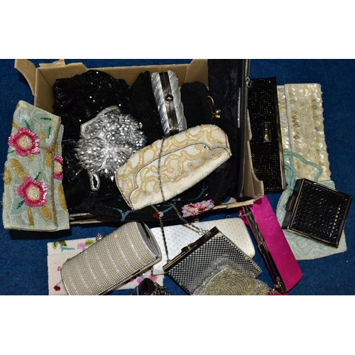 436 - TWO BOXES OF EVENING BAGS/PURSES AND HANDBAGS, some purchased from Newlife, includes sequined, beade... 