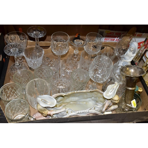 437 - FIVE BOXES AND LOOSE KITCHEN CROCKERY, GLASSWARE, METALWARES, etc, including an Aynsley white and gi... 