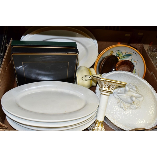 437 - FIVE BOXES AND LOOSE KITCHEN CROCKERY, GLASSWARE, METALWARES, etc, including an Aynsley white and gi... 