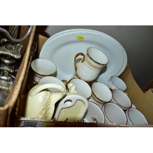 437 - FIVE BOXES AND LOOSE KITCHEN CROCKERY, GLASSWARE, METALWARES, etc, including an Aynsley white and gi... 