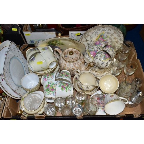 439 - FIVE BOXES AND LOOSE CERAMICS, GLASSWARE AND METALWARES, etc, including two sets of four Royal Graft... 