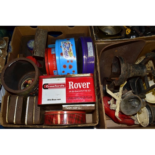 440 - THREE BOXES OF WEIGHING SCALES, vintage mincers, biscuit and other tins, copper and brass including ... 