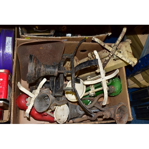 440 - THREE BOXES OF WEIGHING SCALES, vintage mincers, biscuit and other tins, copper and brass including ... 