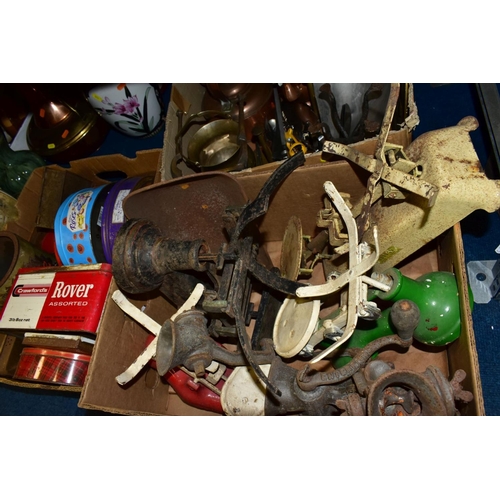 440 - THREE BOXES OF WEIGHING SCALES, vintage mincers, biscuit and other tins, copper and brass including ... 