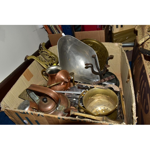 440 - THREE BOXES OF WEIGHING SCALES, vintage mincers, biscuit and other tins, copper and brass including ... 