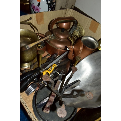 440 - THREE BOXES OF WEIGHING SCALES, vintage mincers, biscuit and other tins, copper and brass including ... 