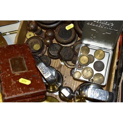 445 - A BOX OF VARIOUS WEIGHTS, comprising a boxed incomplete set of Lancashire County Council '8oz to ½DR... 