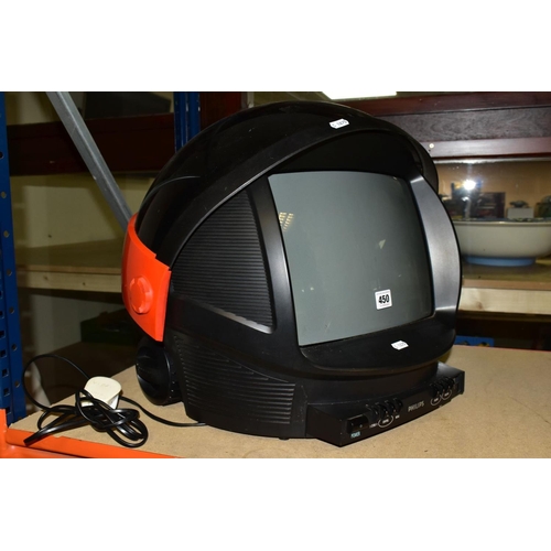 450 - A PHILIPS DISCOVERER TV SHAPED AS SPACE HELMET, in red and black with sliding visor over the screen,... 