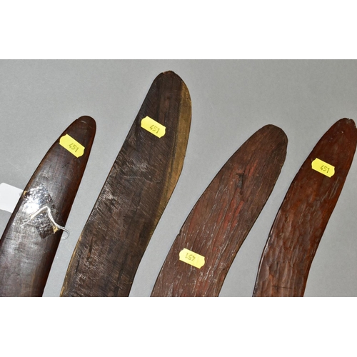 451 - FOUR TRIBAL ART AUSTRALIAN ABORIGINAL BOOMERANGS, to include one carved to the side of arrows, cross... 