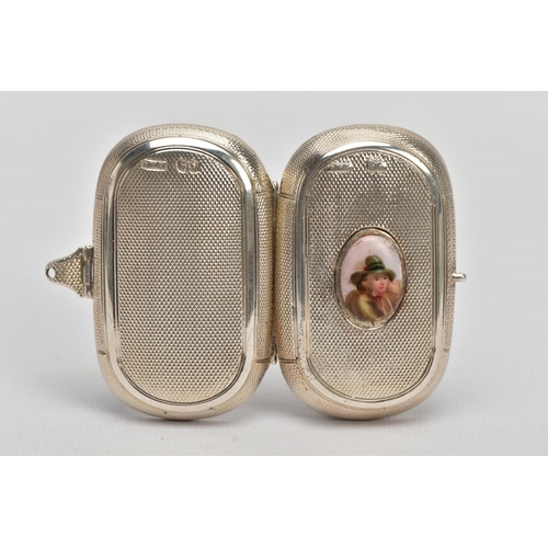 47 - A LATE VICTORIAN SILVER SNUFF BOX, of an engine turn design, set with a miniature painted ceramic po... 