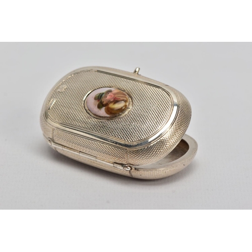 47 - A LATE VICTORIAN SILVER SNUFF BOX, of an engine turn design, set with a miniature painted ceramic po... 