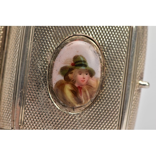 47 - A LATE VICTORIAN SILVER SNUFF BOX, of an engine turn design, set with a miniature painted ceramic po... 