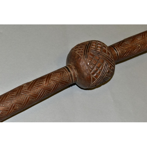 475 - TRIBAL INTEREST, an African Congolese carved Janus finial prestige staff, with chip carving detail, ... 