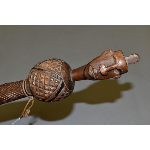 475 - TRIBAL INTEREST, an African Congolese carved Janus finial prestige staff, with chip carving detail, ... 