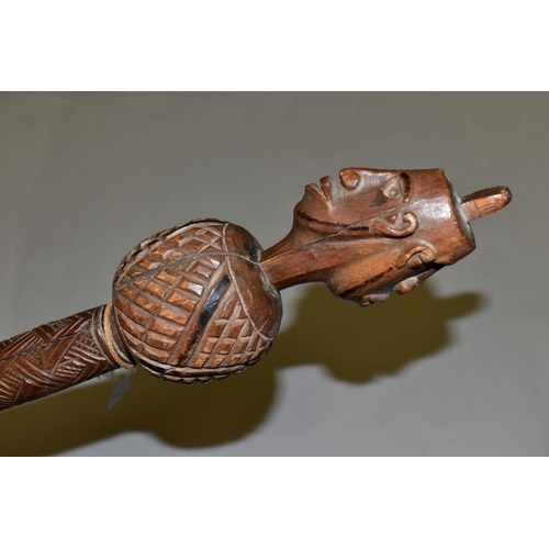 475 - TRIBAL INTEREST, an African Congolese carved Janus finial prestige staff, with chip carving detail, ... 