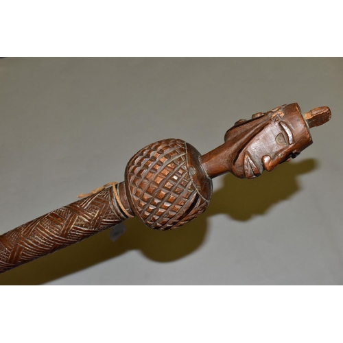 475 - TRIBAL INTEREST, an African Congolese carved Janus finial prestige staff, with chip carving detail, ... 