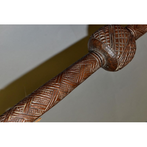 475 - TRIBAL INTEREST, an African Congolese carved Janus finial prestige staff, with chip carving detail, ... 