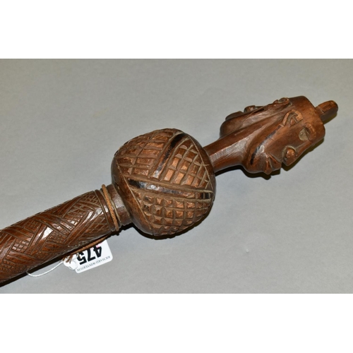 475 - TRIBAL INTEREST, an African Congolese carved Janus finial prestige staff, with chip carving detail, ... 