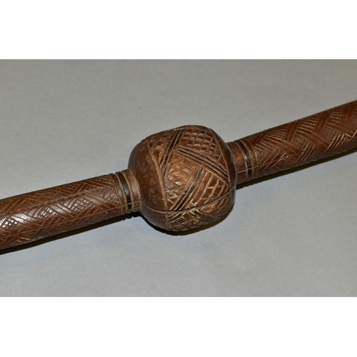 475 - TRIBAL INTEREST, an African Congolese carved Janus finial prestige staff, with chip carving detail, ... 